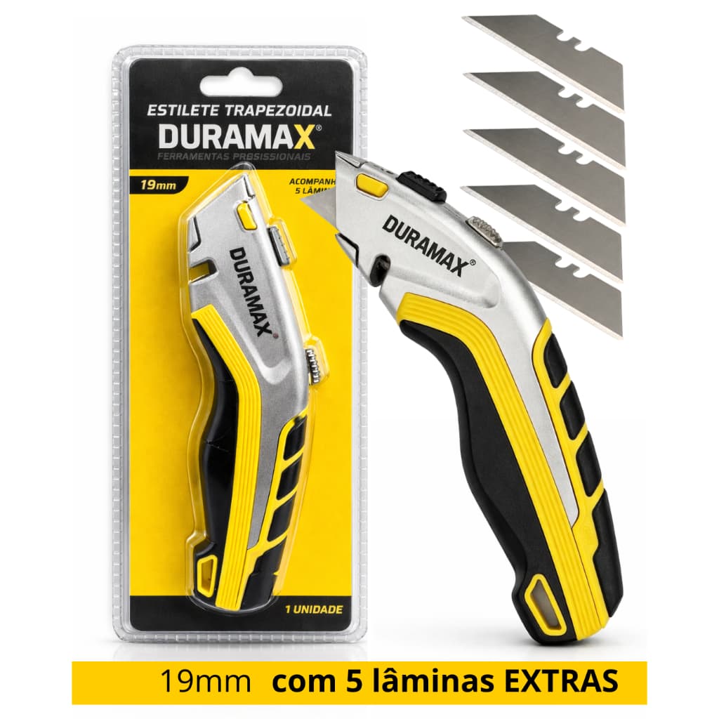 Estilete Metal Emborrachado Trapezoidal 19mm 5 Lâminas extras uso doméstico e profissional
