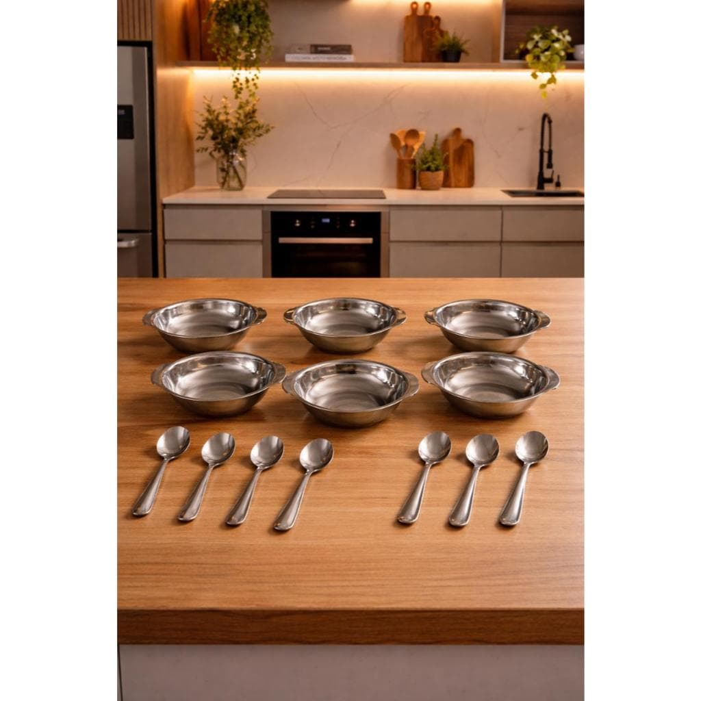 Jogo Kit 12 Peças com Potes ,Tigelas, para  Sobremesa Sorvete Açai aço Inox