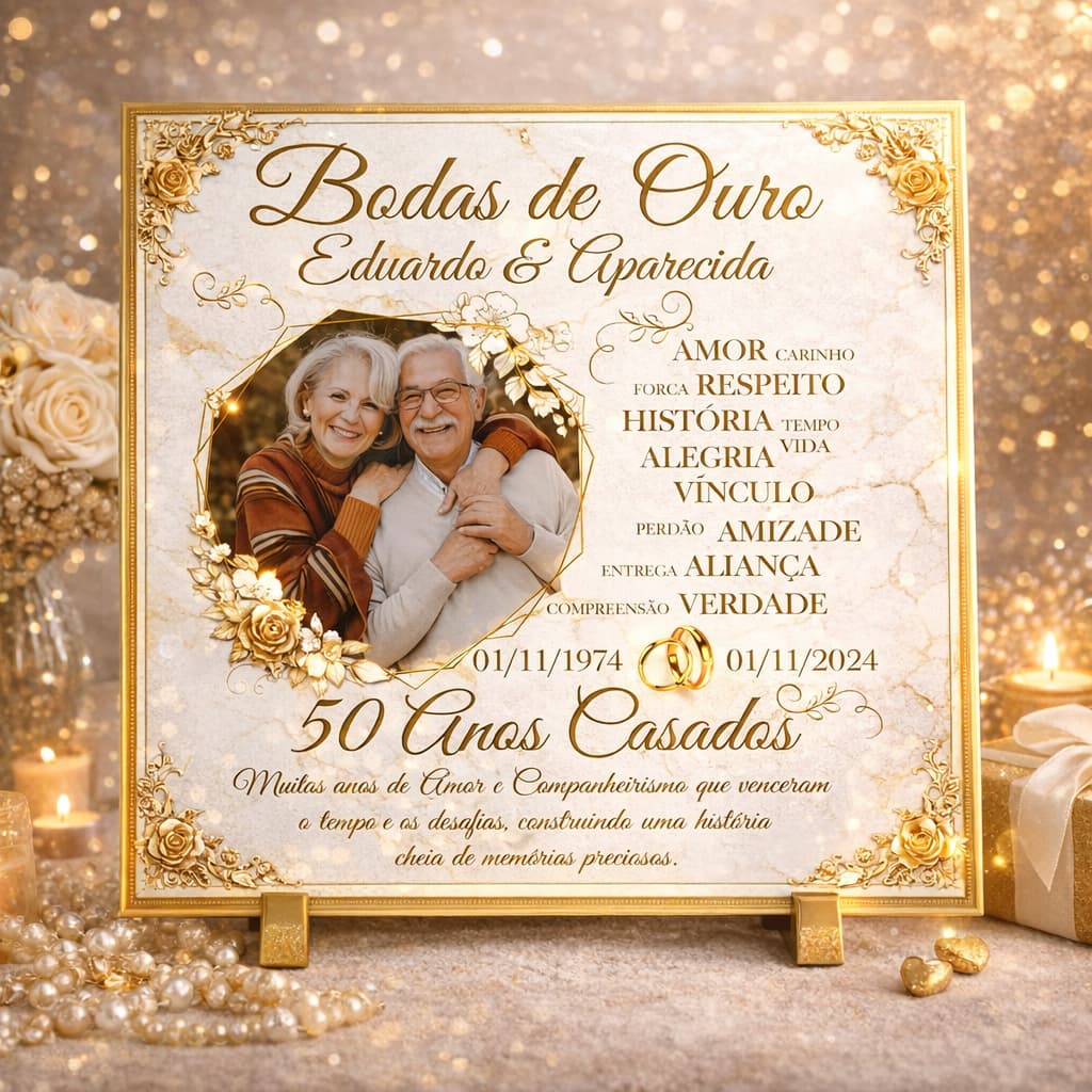 Azulejo Personalizado Bodas de Ouro 50 Anos de Casamento com Foto | Presente para Casal | Decoração