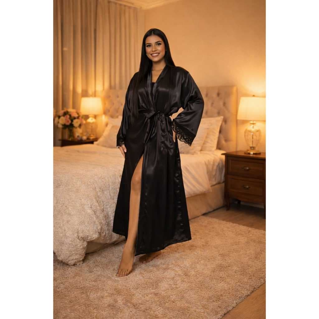 Robe Roupão De Cetim De Luxo Confortável Longo