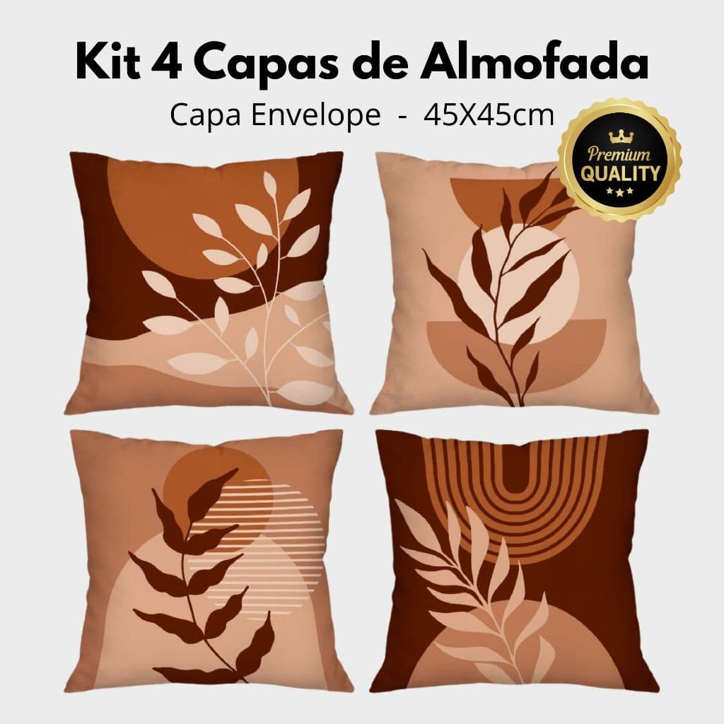 Kit com 4 Capas para Almofada Decorativas 45x45cm Folhagem Terracota