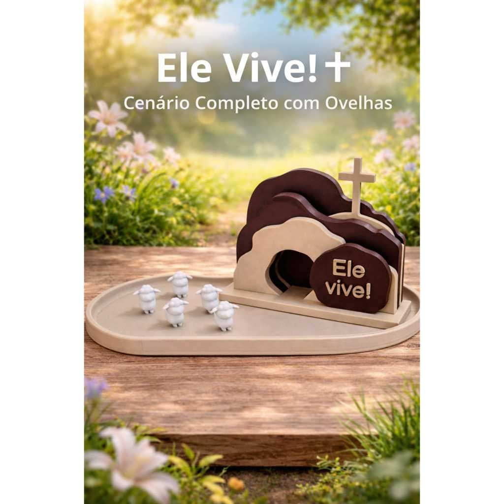 KIT Enfeite Religioso “Ele Vive” – Decoração Cristã com Bandeja e Ovelhinhas