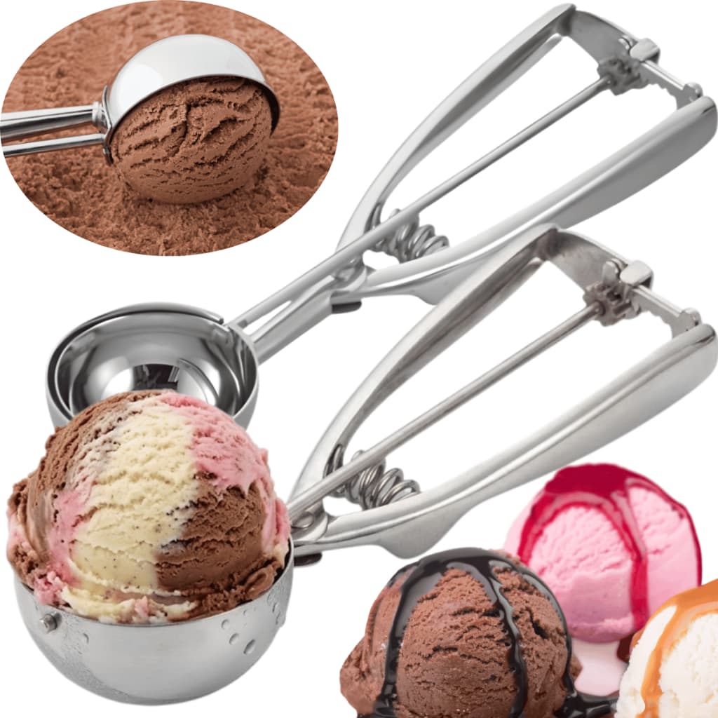 2 Colher Pegador Sorvete Aço Inox Com Extrator Ejetor Bolas 5cm Açaí Pão de Queijo Doces Sobremesas