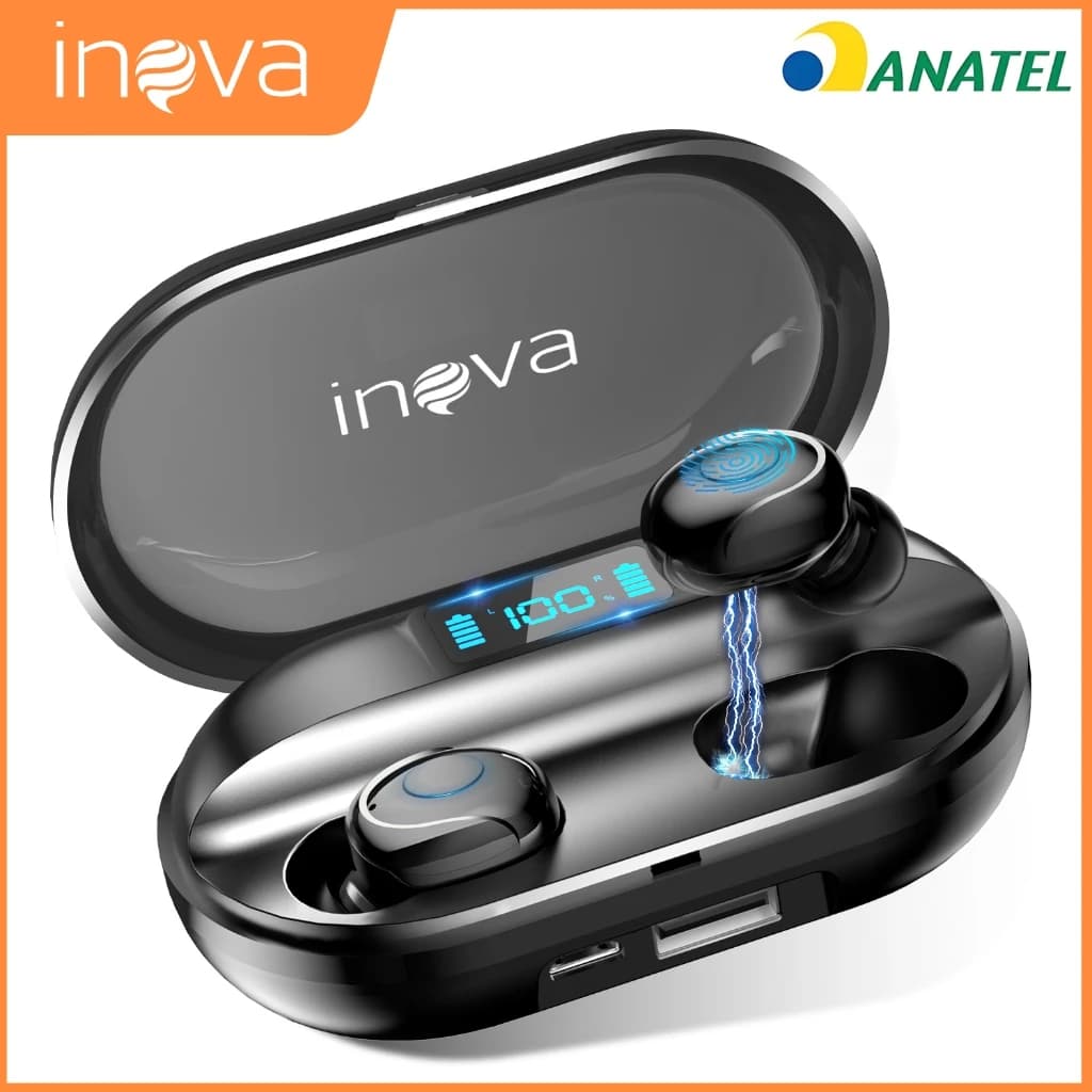 INOVA Fone Bluetooth 5.4 TWS, Cancelamento de ruído, 8H Bateria, IPX7, Estéreo 4D