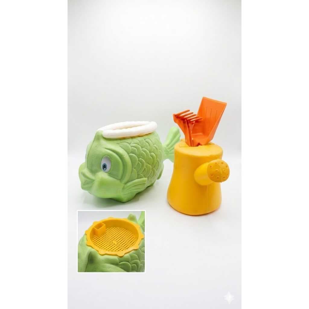 Kit Praia Infantil Balde Peixe Com Regador Pazinha E Rastelo