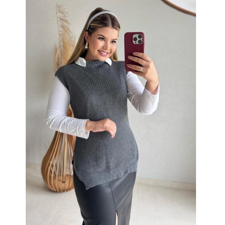 Colete Tricot Feminino FANG Fenda Básico Moda Inverno Longo Elegante Sobreposição