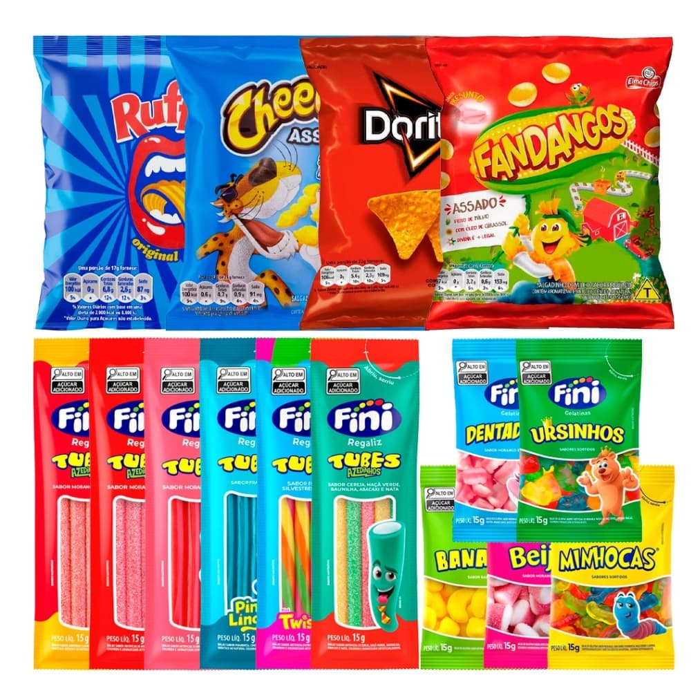 Kit 20 Salgadinhos Elma Chips + 20 Pacotes Bala Fini