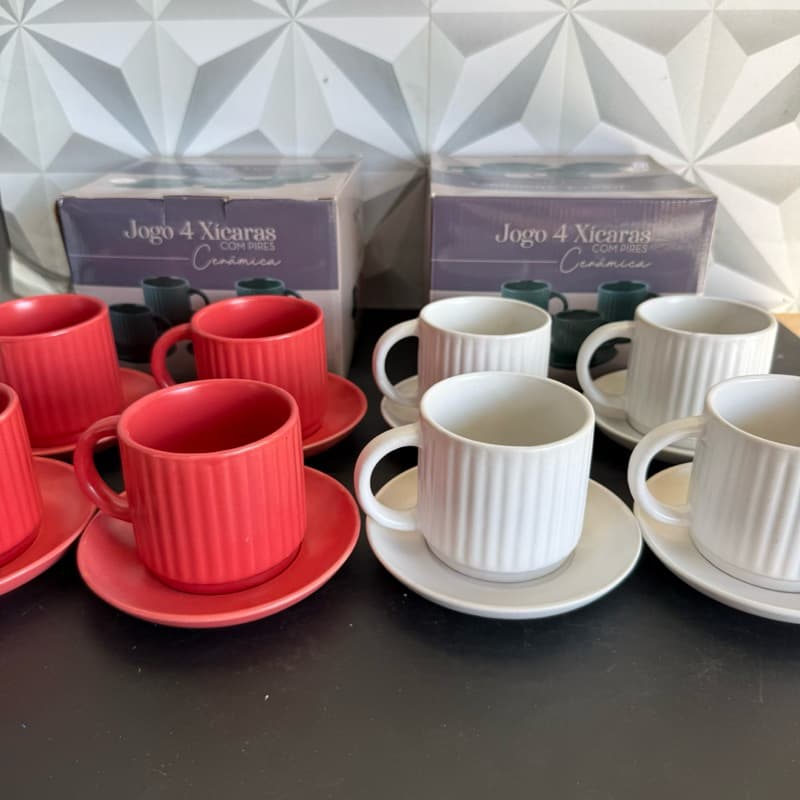 Jogo de xícara de chá de cerâmica com 8 peças branco vermelha para cha café leite de cozinha kit conjunto xícaras xicara