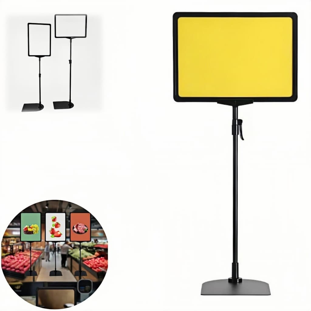 Pedestal Porta Cartaz A4 com Regulagem Altura e Proteção Acrílica para Ofertas