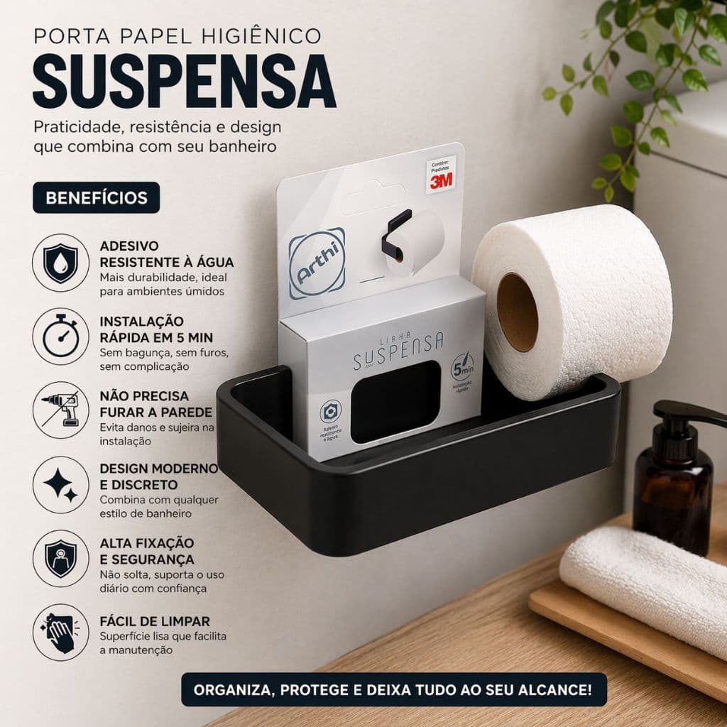 Suporte de papel Higiênico banheiro Acessórios Preto Cola 3M