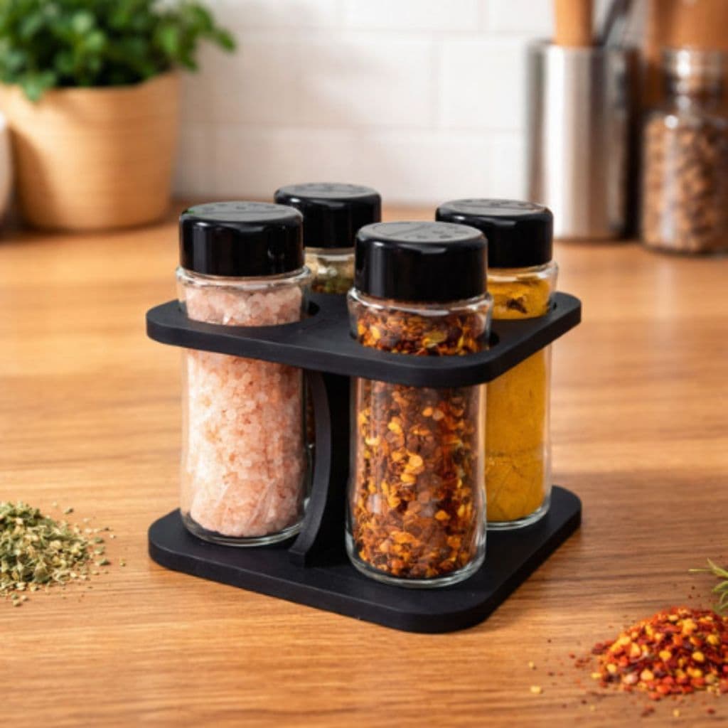 Porta Tempero Plástico 4 Potes 130ml Tampa Dosadora Dupla MDF Cozinha Decoração Enfeite Condimento