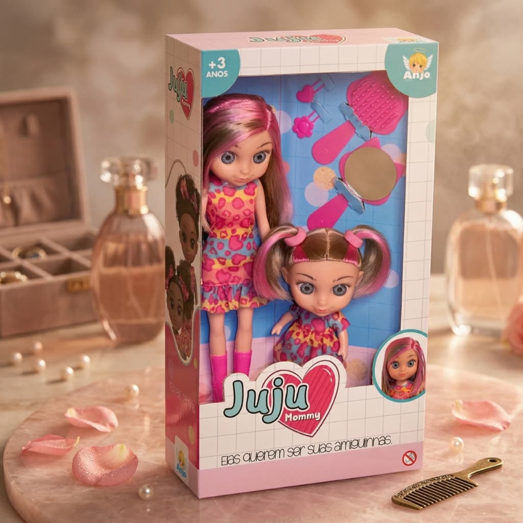Boneca Mãe e Filha 31cm Cabelo Colorido com Roupas Juju Mommy