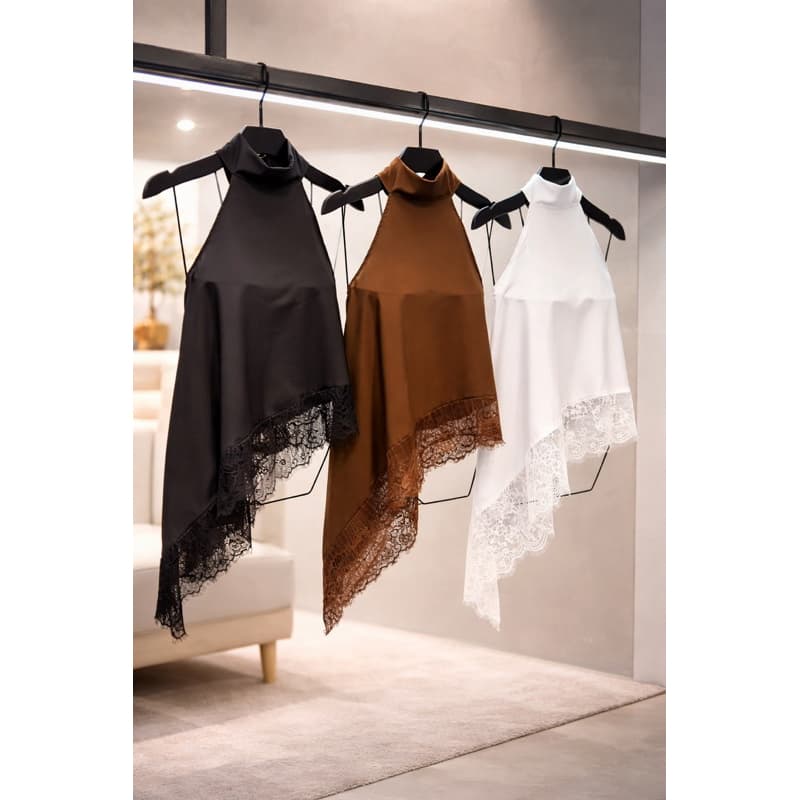 Blusa Bata assimétrica Feminino Babado em Renda casual Inverno 2026 Gola alta Amarração no pescoço Nivia