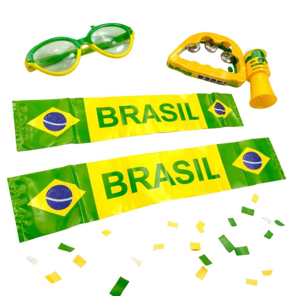 Kit Brasil Copa do Mundo Pandeiro Buzina Óculos Canudo E Bastão