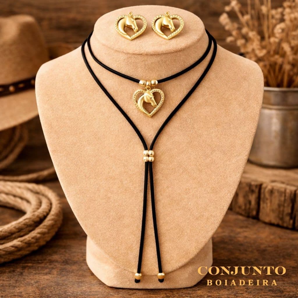 Conjunto Choker e Brinco Boiadeira Camurça Estilo Boho Sertanejo Country