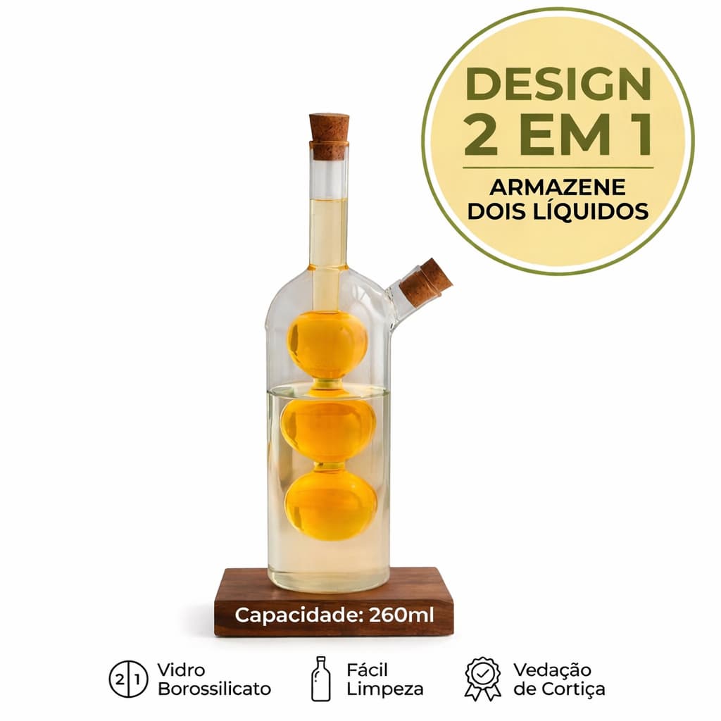 Galheteiro 2 em  1 para  azeite e vinagre no mesmo recipiente elegante para sua mesa e cozinha.