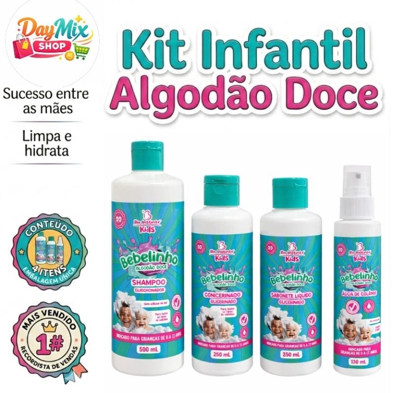 Kit Bebelinho Algodão Doce 🍬 Shampoo + Condicionador + Sabonete + Colônia Infantil | Cheirinho Doce e Suave