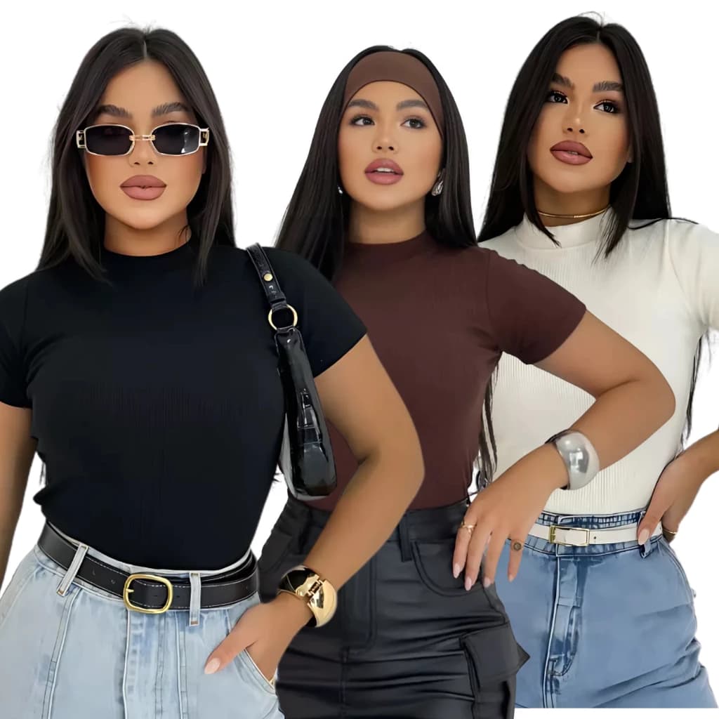 KIT 3 Blusas Ribana Premium Casual Moderna Gringa Basicas Canelado Manguinha Camiseta
