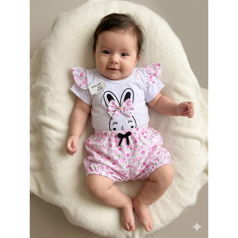 Conjunto coelhinha Bebê Menina veste RN 0 até 7 Meses Blusinha Short em tecido floral Infantil Confortável enxoval