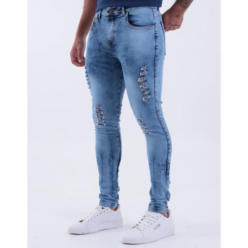 Calça skinny rasgada com lycra estilo jogador azul