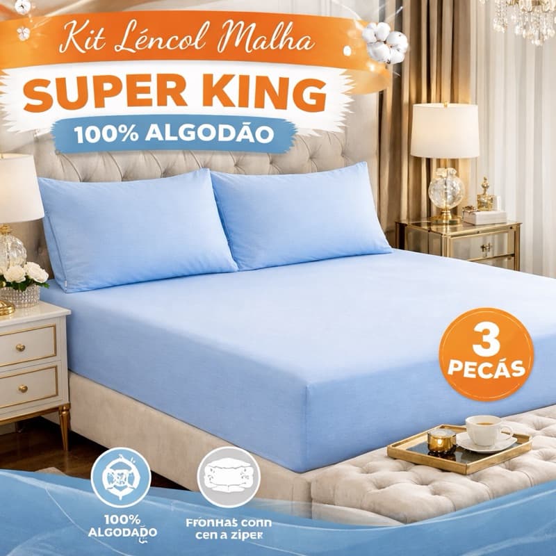 Kit Lençol Malha Super King 100% Algodão – Estampa azul bebê liso | 3 Peças