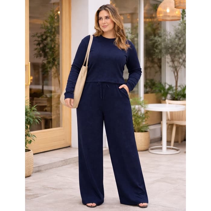 Conjunto Feminino Plus Size Calça Pantalona Wide Blusa Manga Longa Malha Crepe Frio Inverno