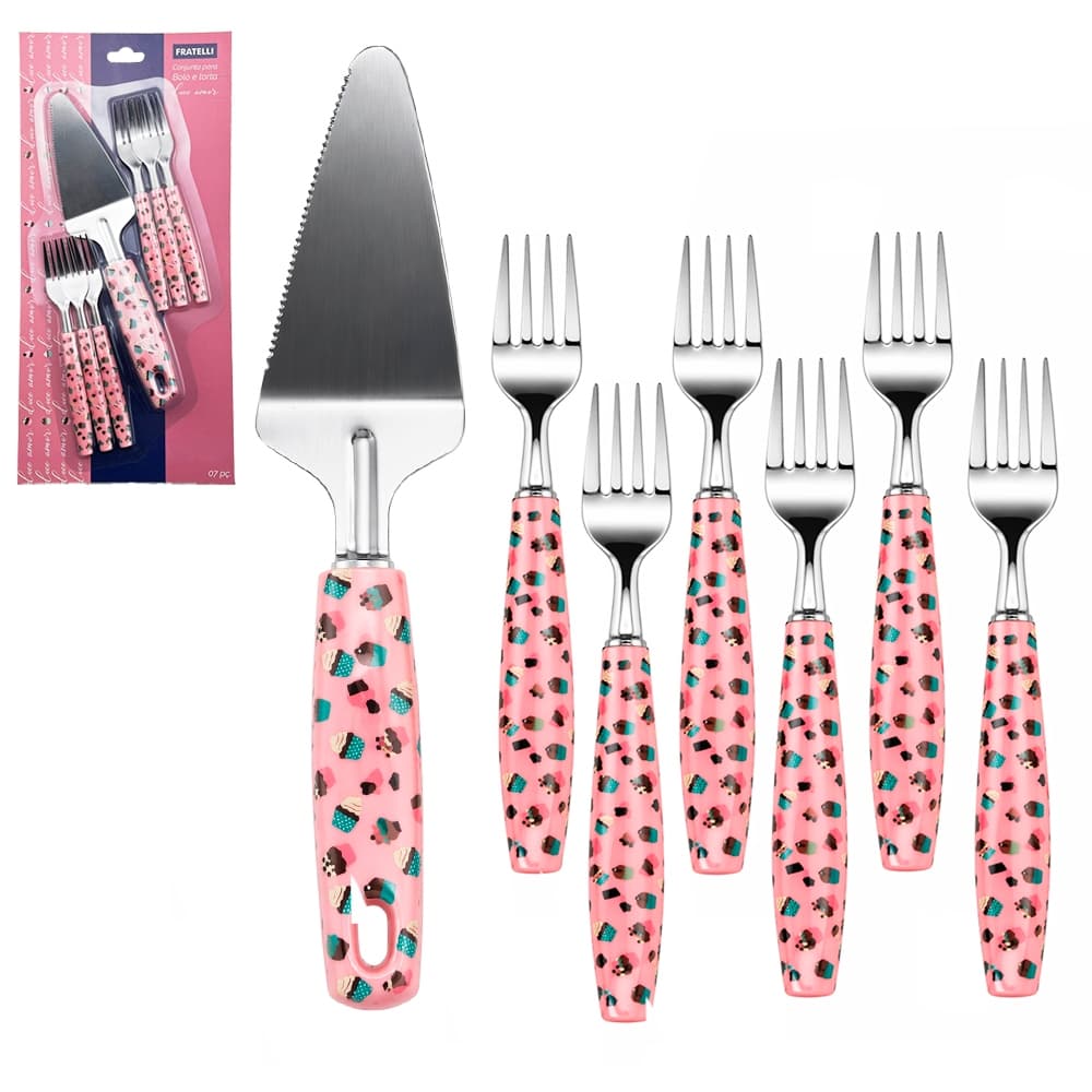 CONJUNTO PARA BOLO E TORTA ROSA COM 6 GARFO + ESPATULA DE INOX CABO PLASTICO DOCE AMOR