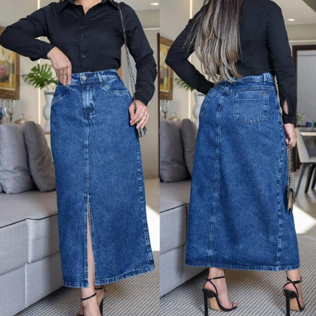 Saia Jeans Feminina Fenda Elegante 100% Algodão Moderna Moda Evangélica