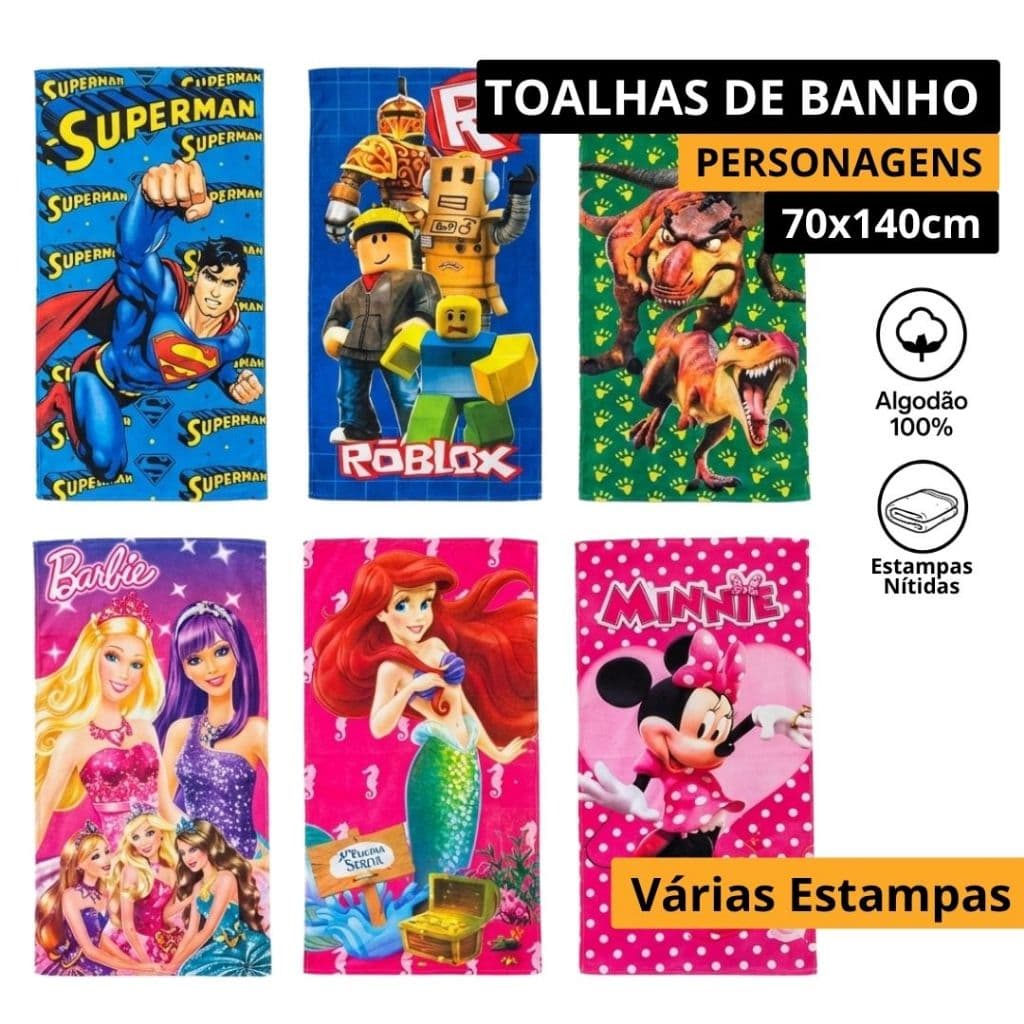 Toalha Infantil Personagens 70x140cm Confortável e Absorvente