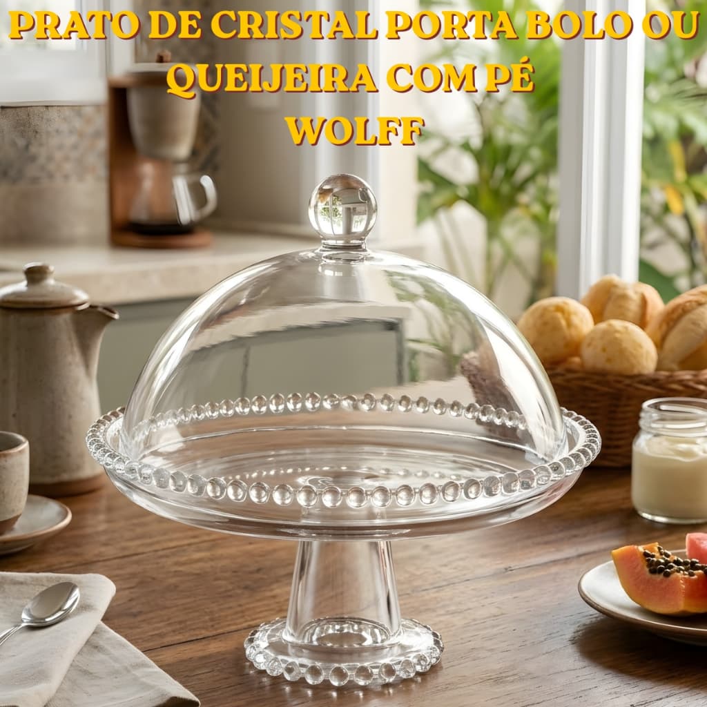 Prato de Cristal Porta Bolo Boleira Queijeira Suporte Doces Pé e Tampa Transparente 20x18cm - Wolff