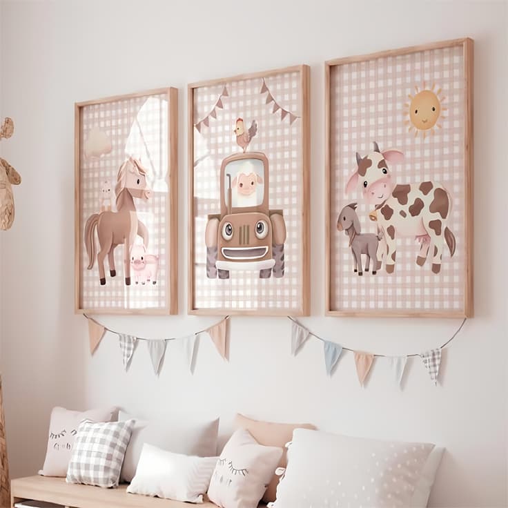 Quadros Decorativos Infantil Fazendinha Animais Bebê Quarto Decoração Contry 3 Peças