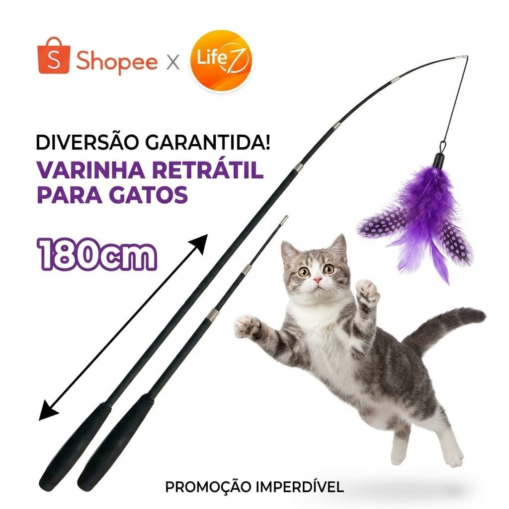 Varinha de Brinquedo para Gato Interativo com Pena Retrátil para Caçar e Morder a Pena