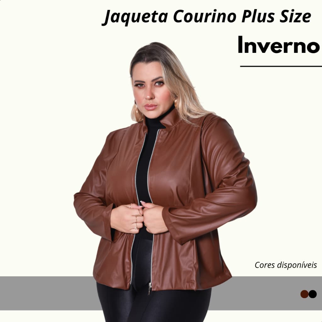 Jaqueta Casaco Feminina Plus Size Couro Fake Courino Com Ziper Frontal E Bolsos Funcional