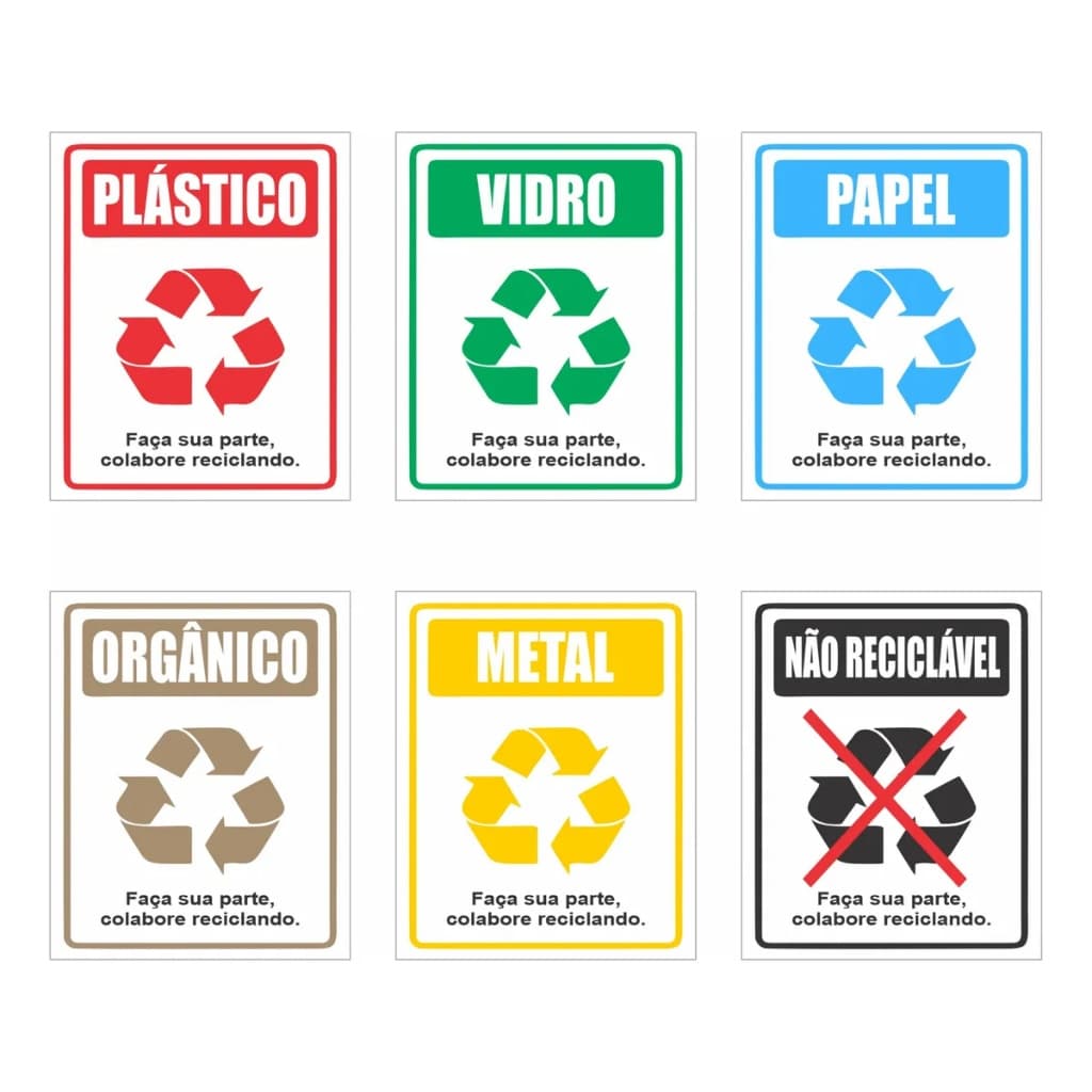 6 Placas ou 6 Adesivos de Reciclagem Diversos de Fácil aplicação e pronto estoque.
