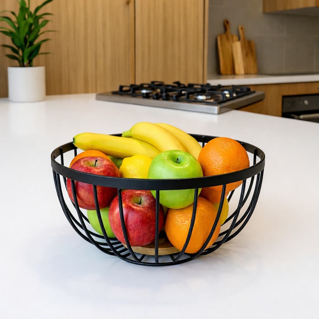 Fruteira de Mesa Rustica de Ferro e Bambu 28 Cm Multiuso Metal Preto Cesto Organizador