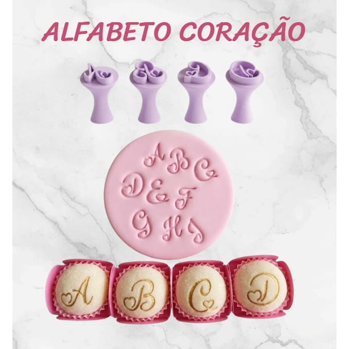 Alfabeto Coração Kit Carimbos para Doces e Brigadeiros 26 Letras com Coração Confeitaria Criativa