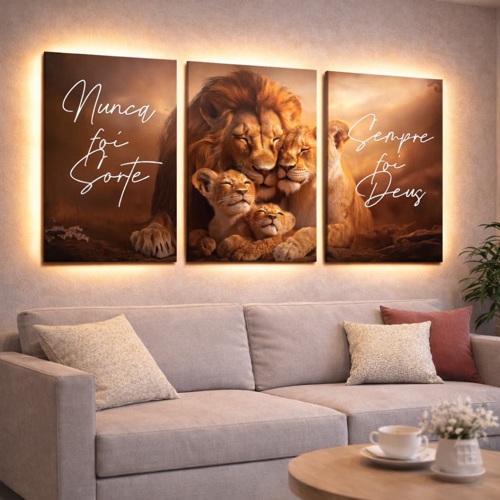 Quadros Decorativos Leão Família Filhotes 3 Peças Nunca Foi Sorte Escritório Sala Luxo