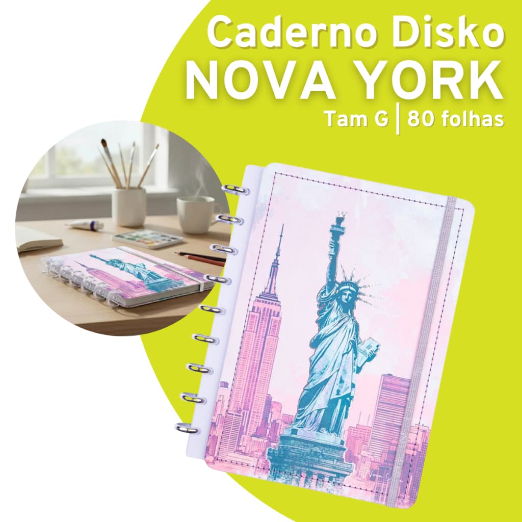 Caderno Disko Nova York Grande G Capa Dura Disco Reposicionável aulas escolas faculdade alunos escritório presentes