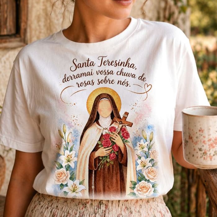 CAMISETA BLUSA SANTA TERESINHA FRASE E FLORES, santinha católica t-shirt feminina gospel delicada plus size