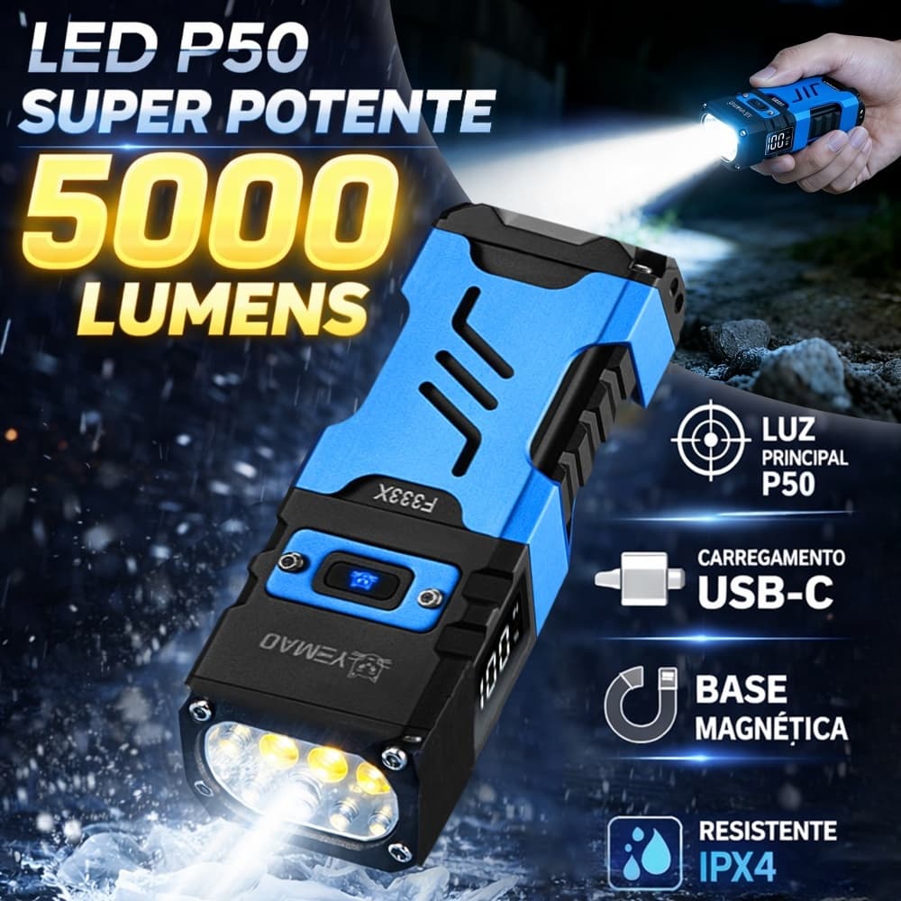 Lanterna 5000LM Tática Recarregável LED P50 COB Magnética SOS YEMAO YM-F333X