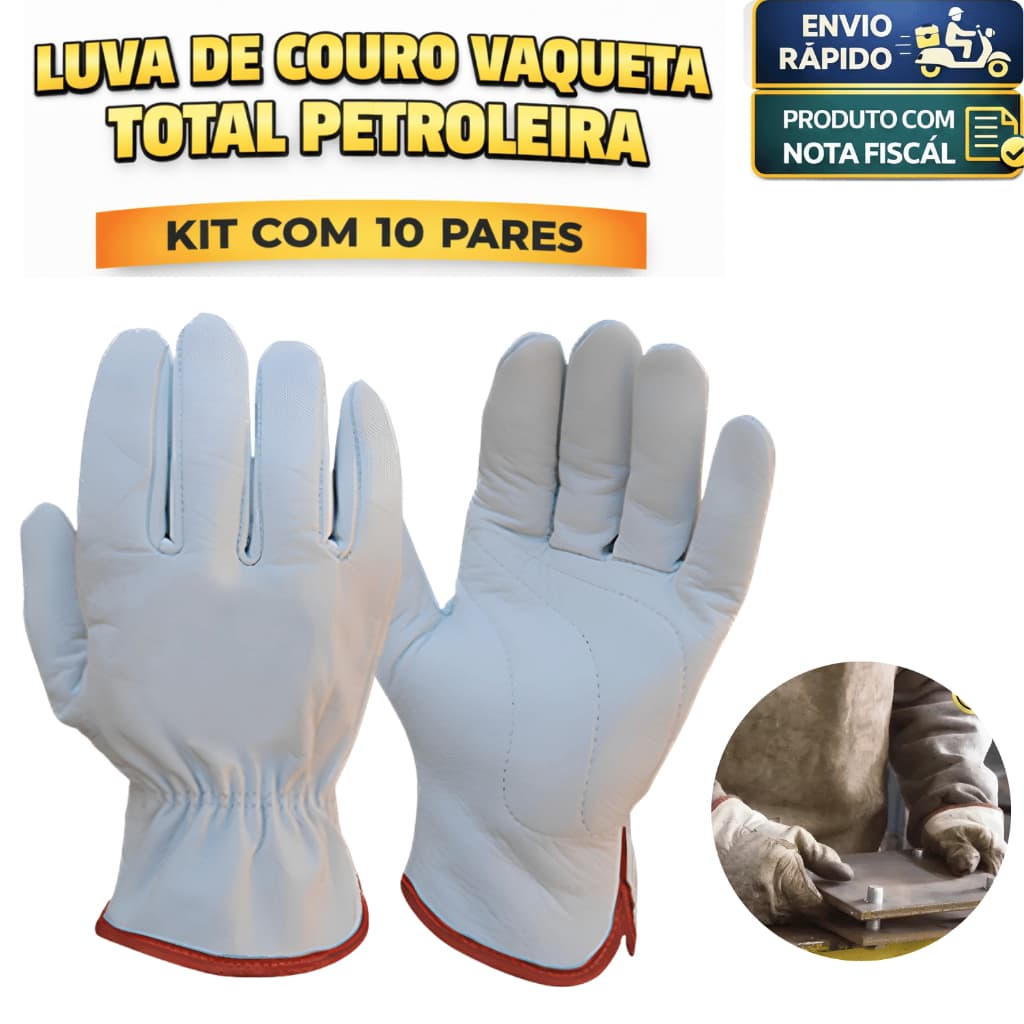 10 Pares Luva Segurança Couro Vaqueta Total Petroleira Couro Reforço Proteção EPI Resistência Pesado