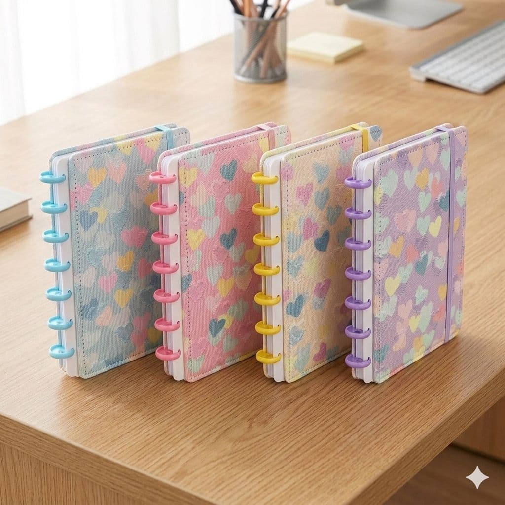 Caderno Reposicionável A5/A4/B5 80 Folhas com Discos Capa Corações Fofa Escolar