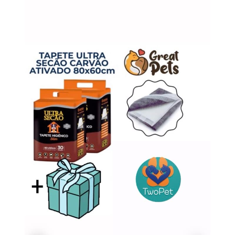KIT 2 Tapetes Higiênicos 60x 80 60unidades  Ultra Secão Carvão Ativado para Cães e Gatos Pets Grande