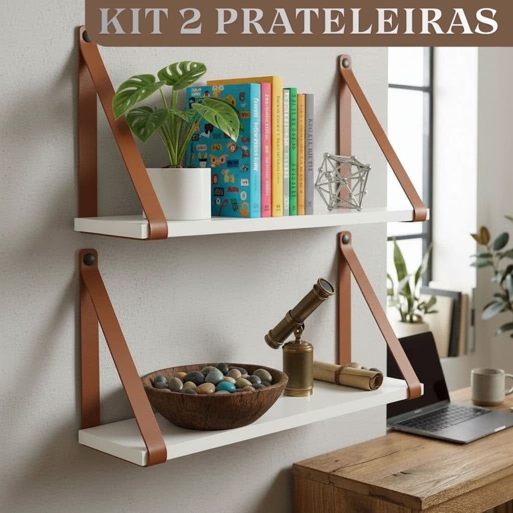 Kit com 2 Prateleiras Branca 15x45cm Alça de Couro Ecológico Caramelo Design Moderno Resistente