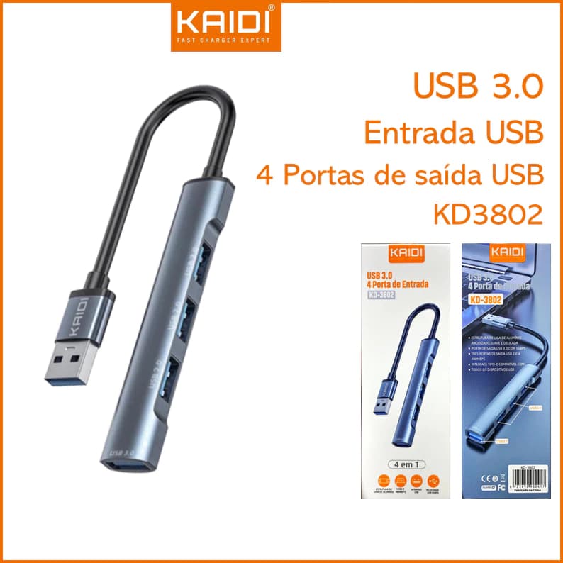 USB 3.0 4 Porta de Entrada com Saida USB Kaidi KD-380