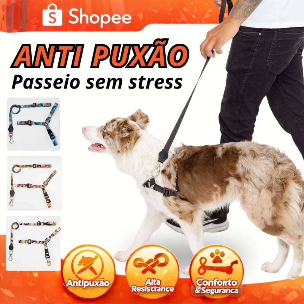 Coleira antipuxão para cachorro Guia Passeio Pet adestramento resistente sem trancos e puxões