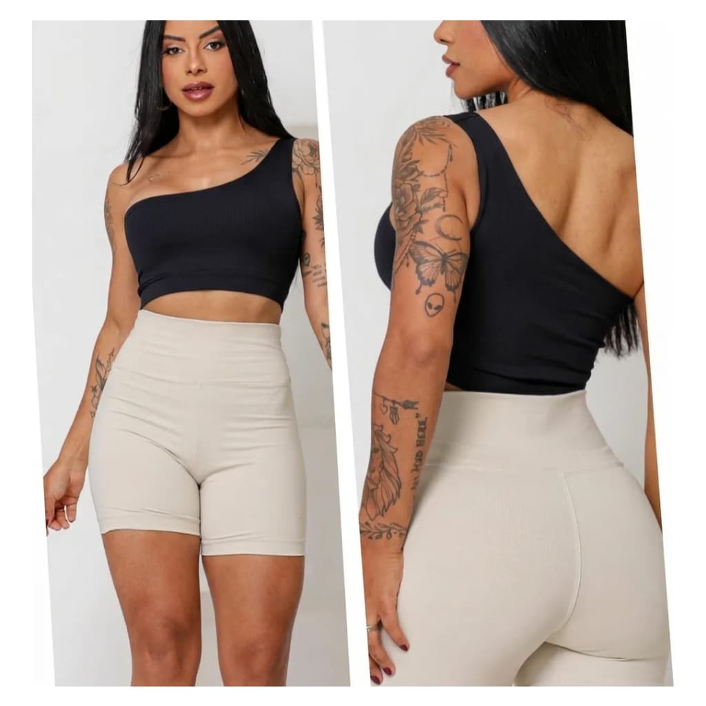 Conjunto Para Academia Feminino Um Ombro Só Top + Short Cintura Alta Modelador Poliamida Premium