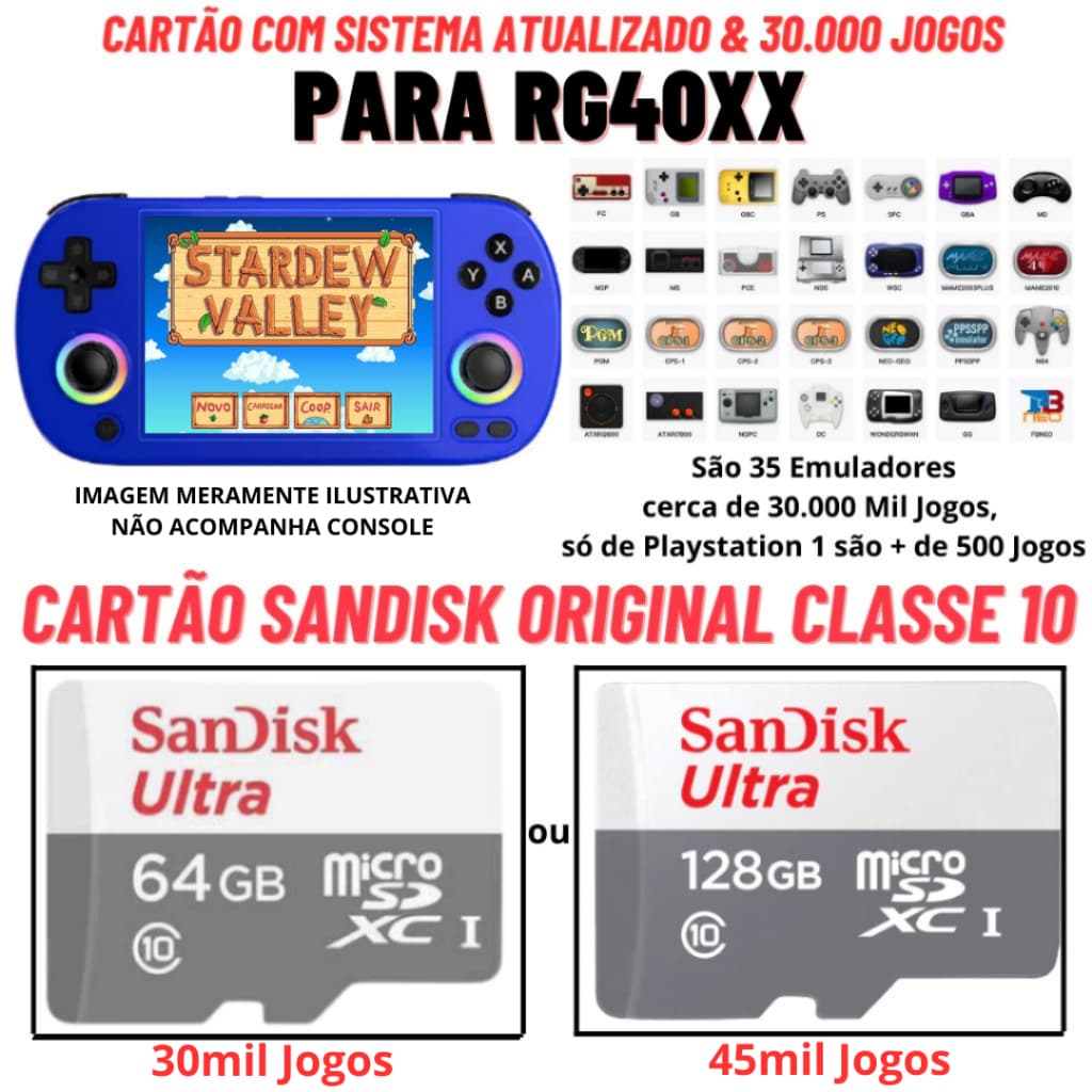 Cartão Original para Anbernic RG40xx com Sistema Knulli Gladiator II e Roms Cartão Sandisk Original Classe 10 Buckup