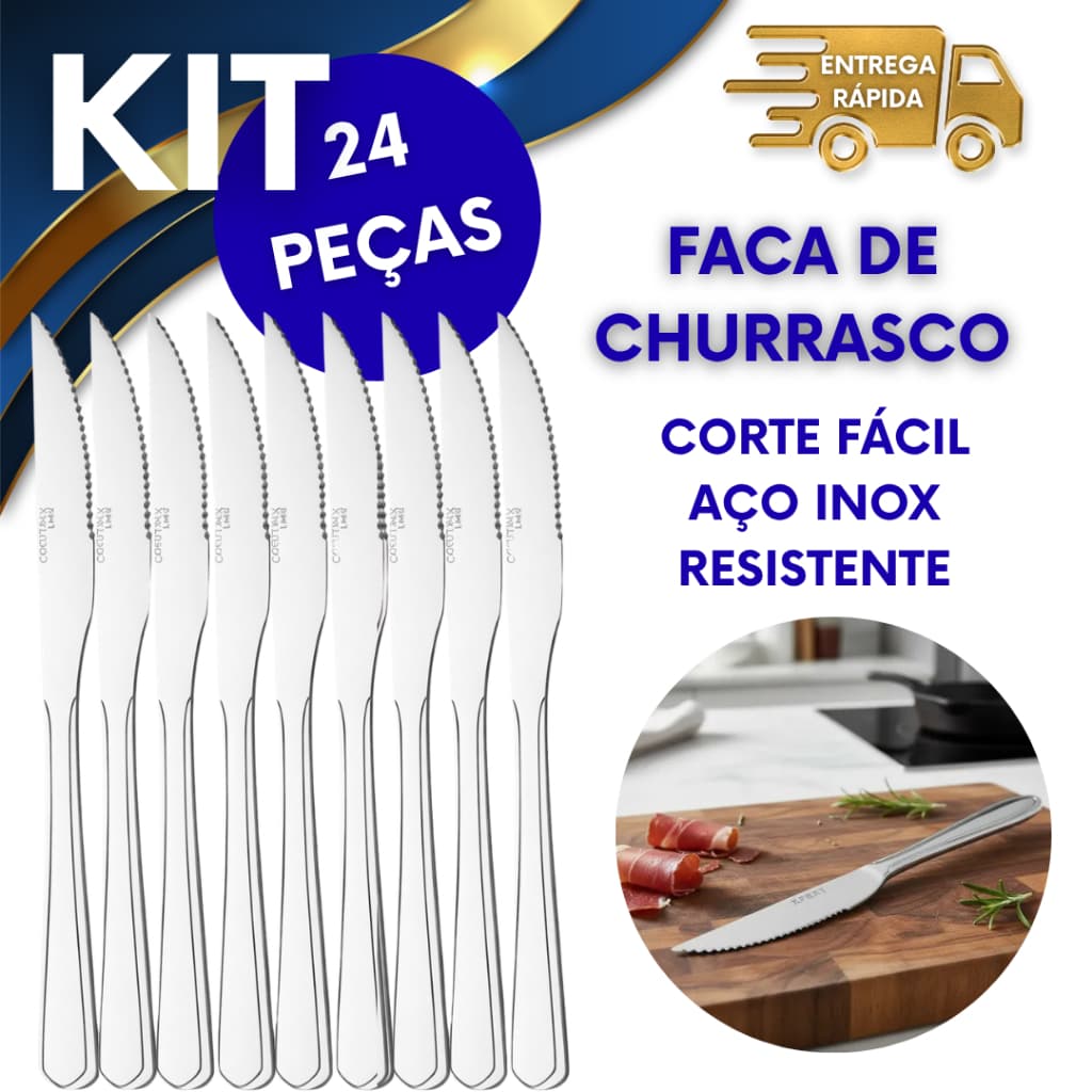 24 FACAS DE CHURRASCO CORTE FÁCIL 21CM FACA DE MESA AÇO INOX RESISTENTE NÃO ENFERRUJA