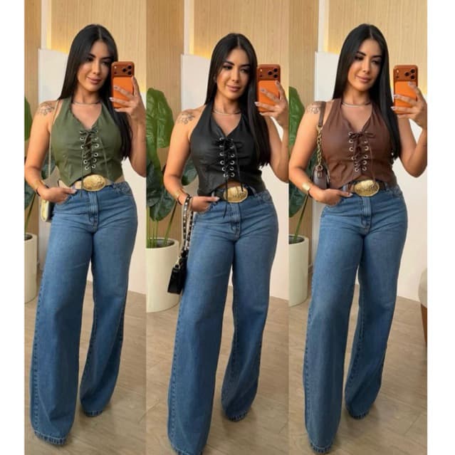 Cropped Corset Feminino Couro Courino Estruturado Decote em V Amarração Frontal Trançado Corselete Tendência Inverno